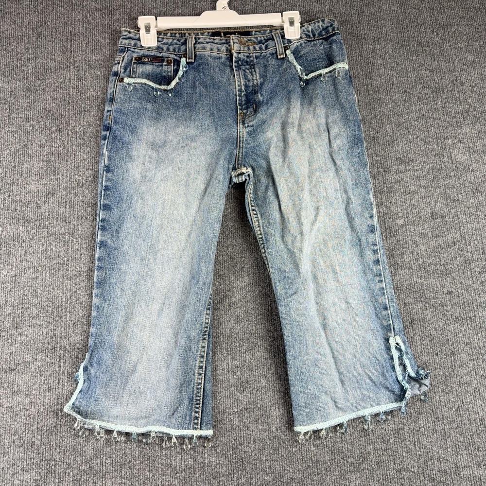 Y2k L.e.i. Jeans Juniors 11 Light Wash Capri Beaded Crochet Hem Crop Denim